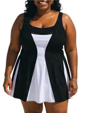 Zando Size XL Swim Dress One Piece Black White Striped Tummy Control Mesh